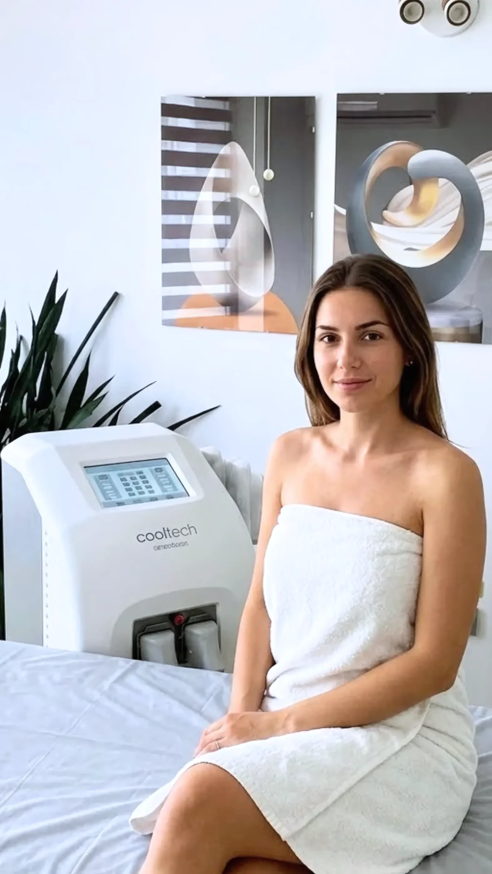 Clientă lângă aparatul Cooltech® de la Sinclair Medical, în clinica Cryomedica Cluj.