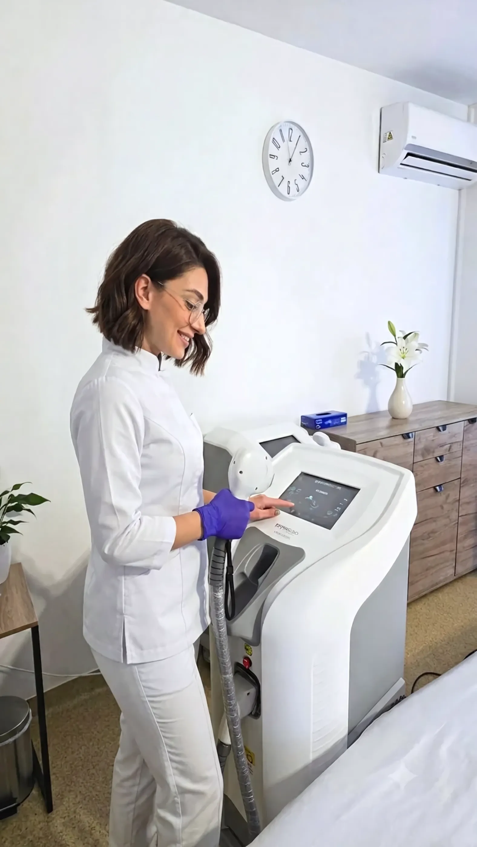 CryoMedica specialist preparing the Primelase permanent hair removal device at the Cluj clinic.